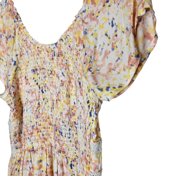 Japna Womens Large Watercolor Pastel Floral Button-Up‎ Smocked Back Waist Dress - Picture 6 of 8